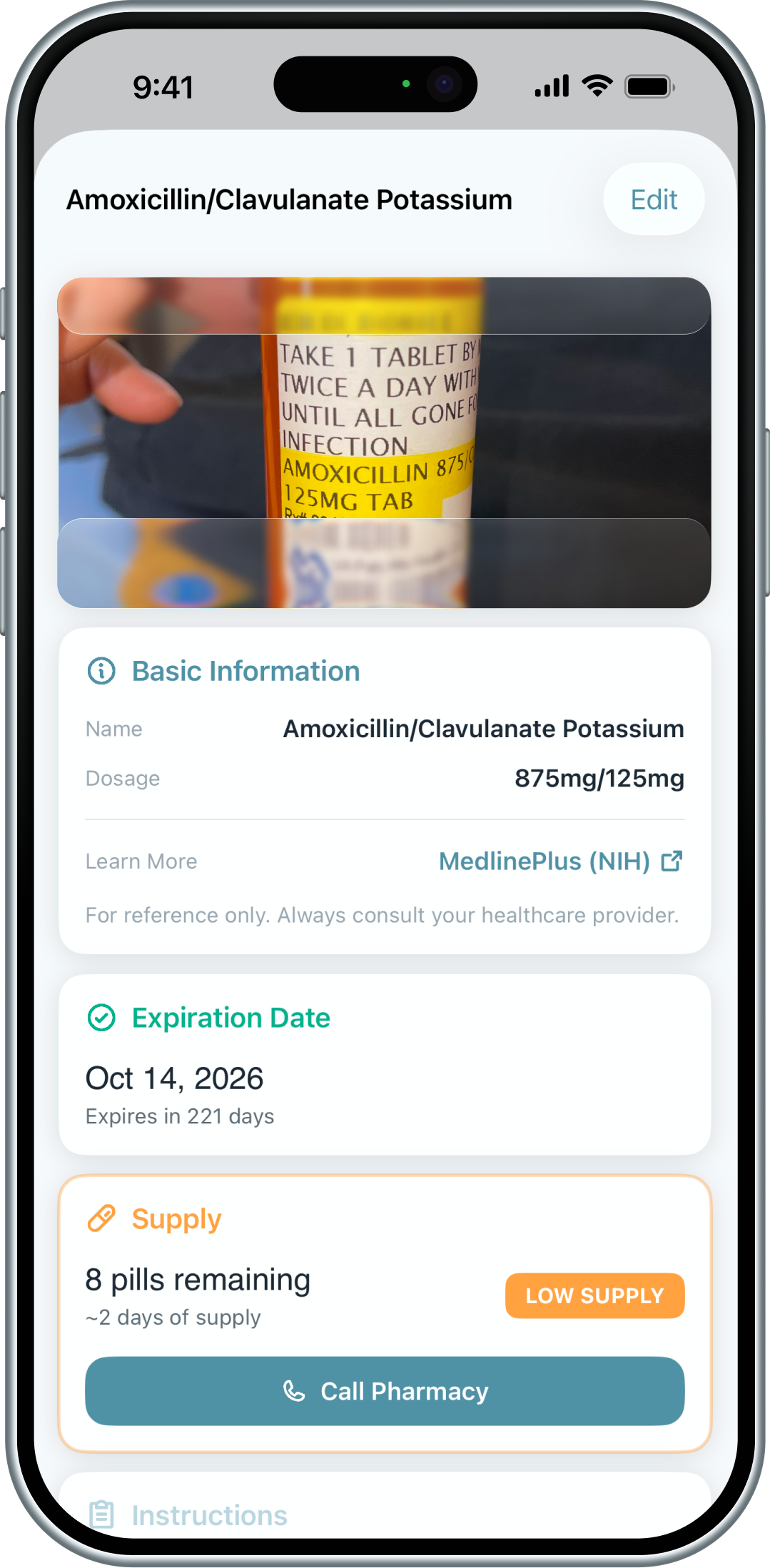 Medication detail screen showing full captured information